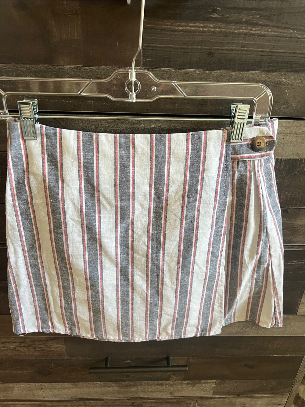 Striped Mini Skirt in White, Gray & Pink with Side Button Detail